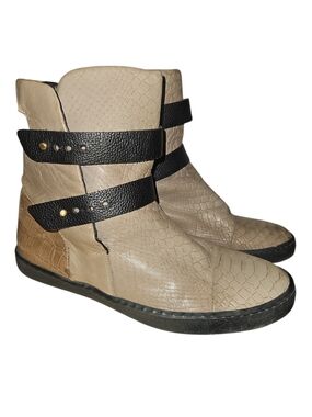 Taupe & Black Leather Booties With Black Straps By Designer Daniella Lehavi